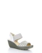 Load image into Gallery viewer, Fly London Yiko Silver/Off White Leather Wedge Sandal P501414 001
