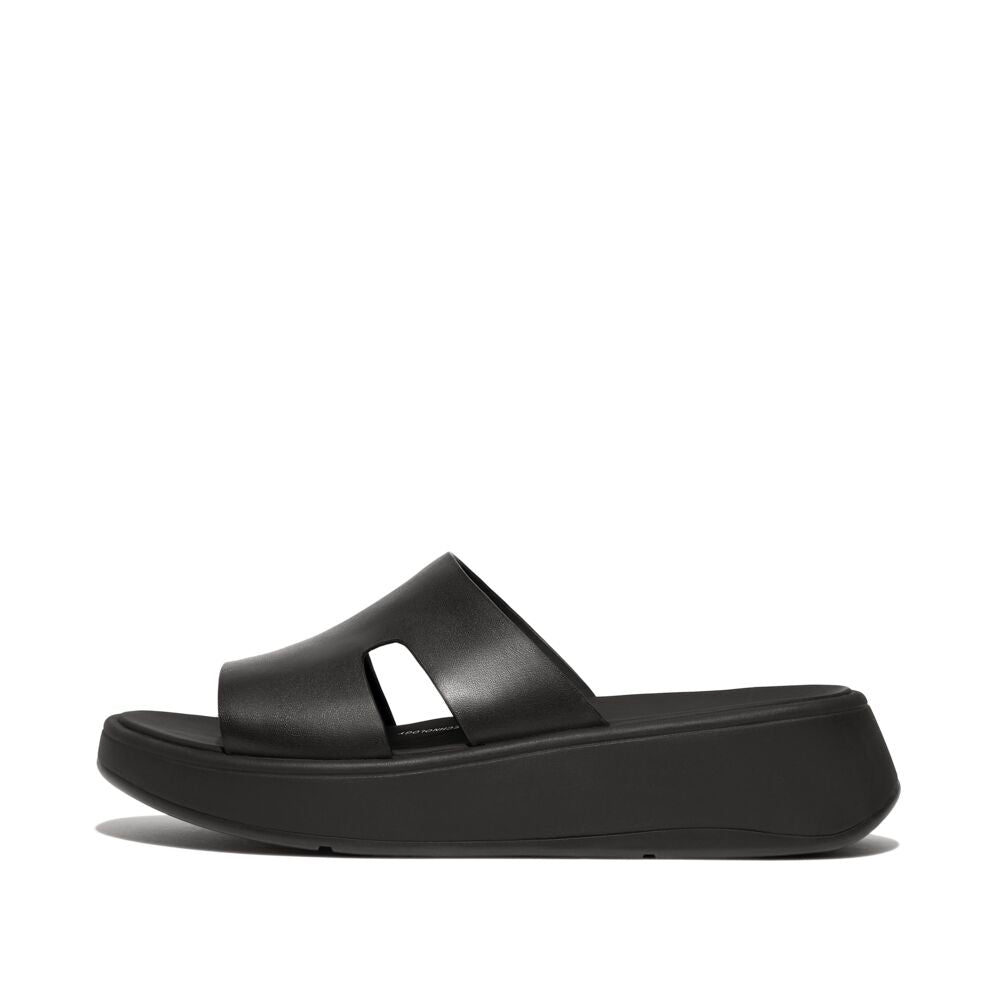 Fit Flop F-Mode Raw Edge Black Leather Flatform H Bar Slides