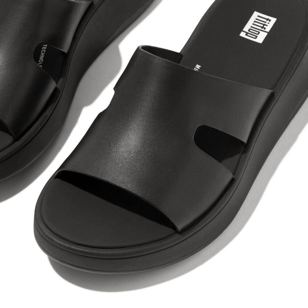 Fit Flop F-Mode Raw Edge Black Leather Flatform H Bar Slides