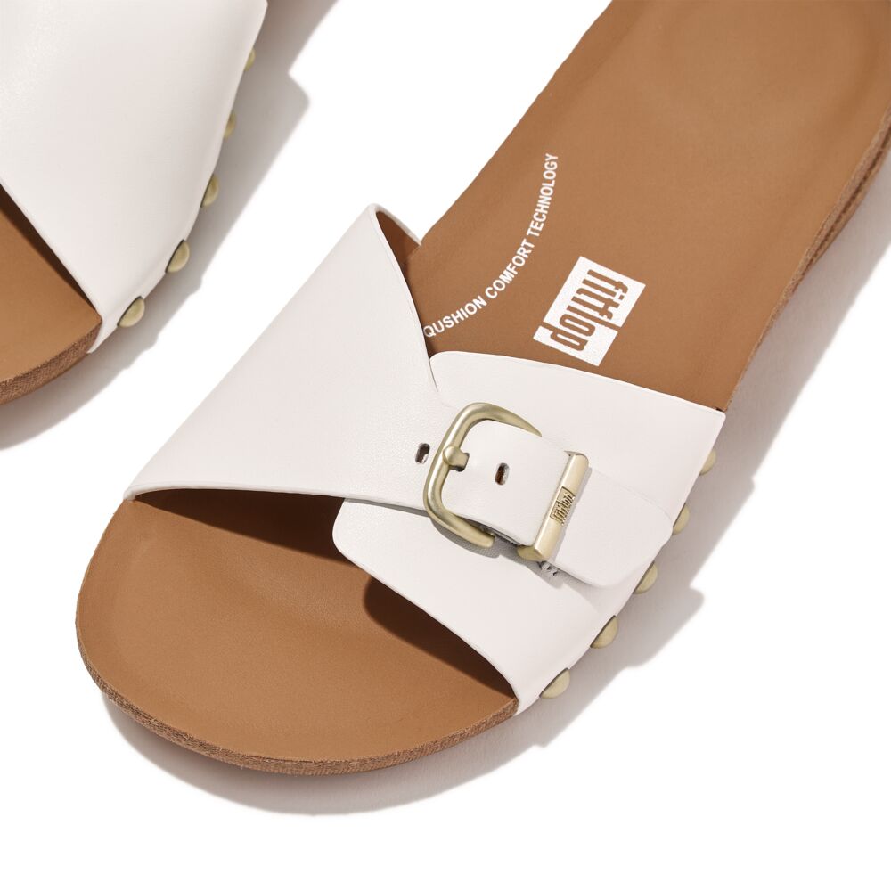 Fit Flop Iqushion Urban White Adjustable Buckle Leather Slides