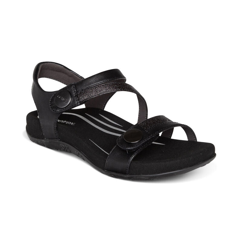 Aetrex Jess Quarter Strap Black Leather Sandal SE210