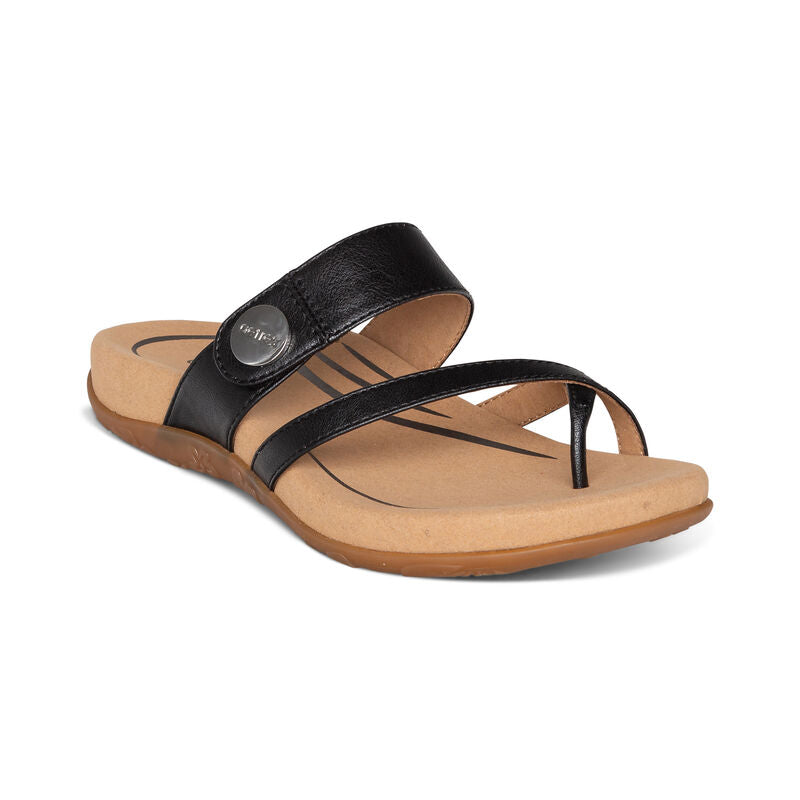 Aetrex Izzy Thong Black Leather Slide SE220