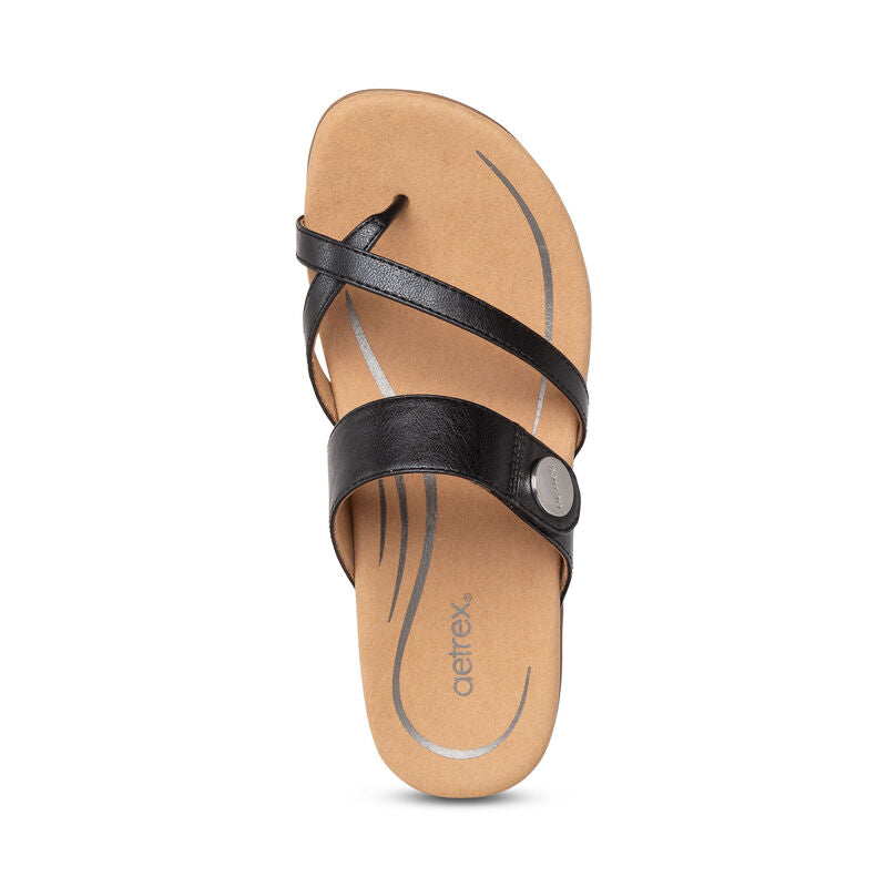 Aetrex Izzy Thong Black Leather Slide SE220