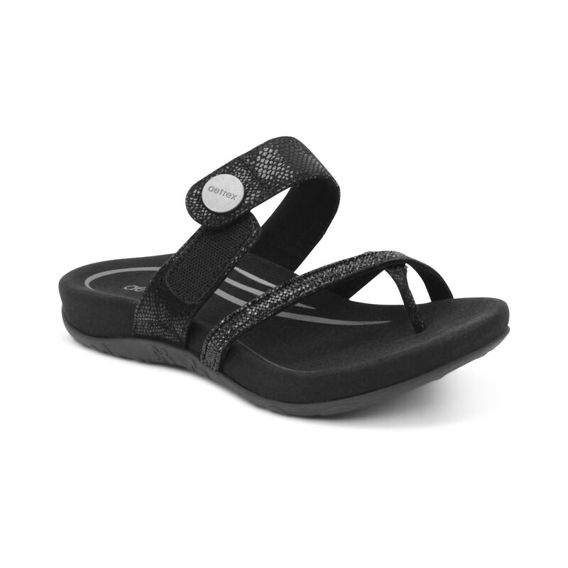 Aetrex Izzy Sparkle Thong Black Leather Slide SE230