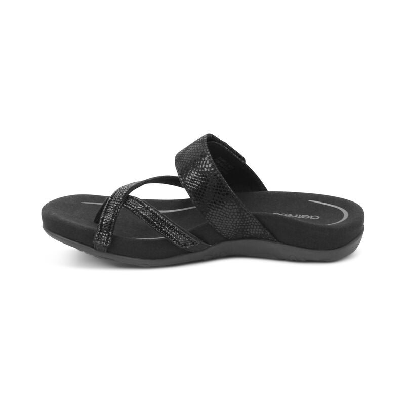 Aetrex Izzy Sparkle Thong Black Leather Slide SE230