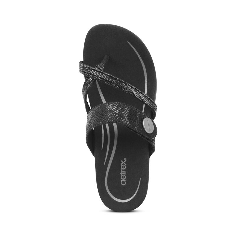 Aetrex Izzy Sparkle Thong Black Leather Slide SE230