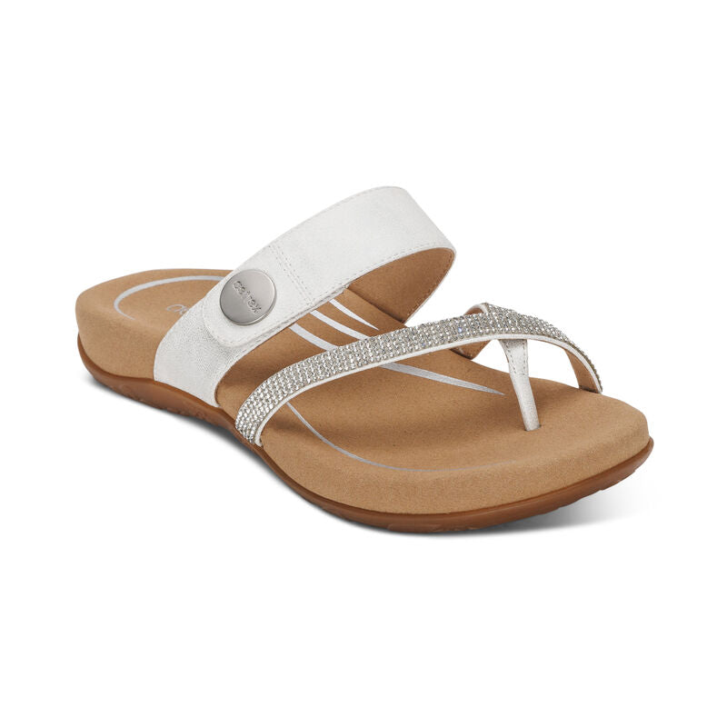 Aetrex Izzy Sparkle Thong White Leather Slide SE231