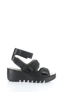 Fly London Bech Black Leather Wedge Sandal