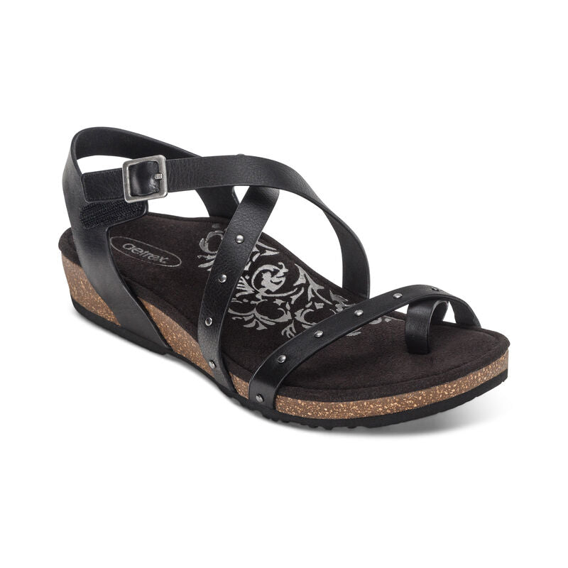 Aetrex Lauren Adjustable Cross Band Black Sandal