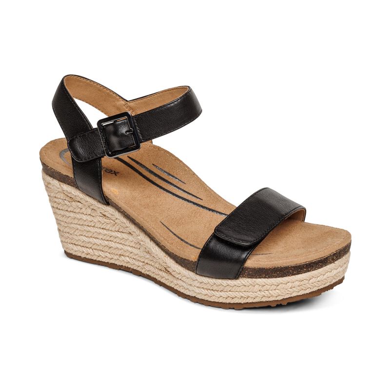 Aetrex Sydney Espadrille Black Leather Wedge EW750