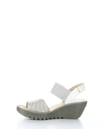 Load image into Gallery viewer, Fly London Yiko Silver/Off White Leather Wedge Sandal
