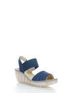 Load image into Gallery viewer, Fly London Yiko Blue Leather Wedge Sandal
